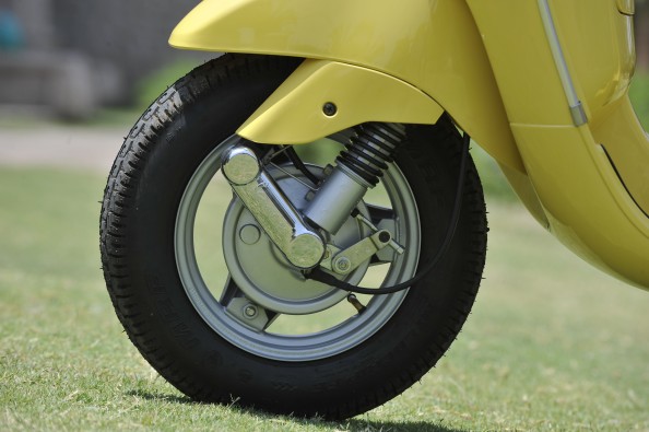 The front brake is a touch weak, but the MRF tyres are quite grippy.