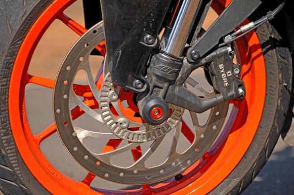 The impressive front brake on the RC 390.