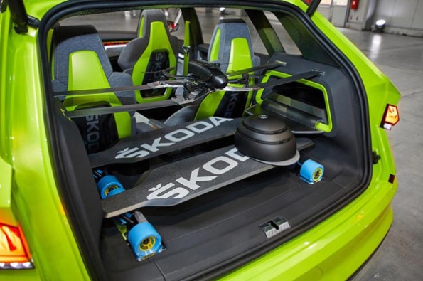 Electric skateboards in the back of the Vision X.