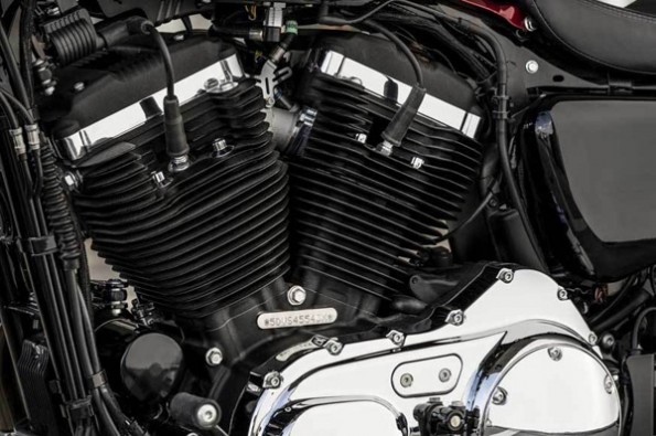 The v-twin engine on this bike features chrome bits.