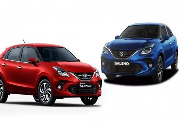 Red Color Toyota Glanza and Blue Color Maruti Suzuki Baleno Front Profiles
