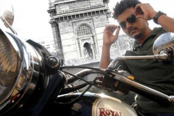 Vijay spotted riding a Royal Enfield motorcycle